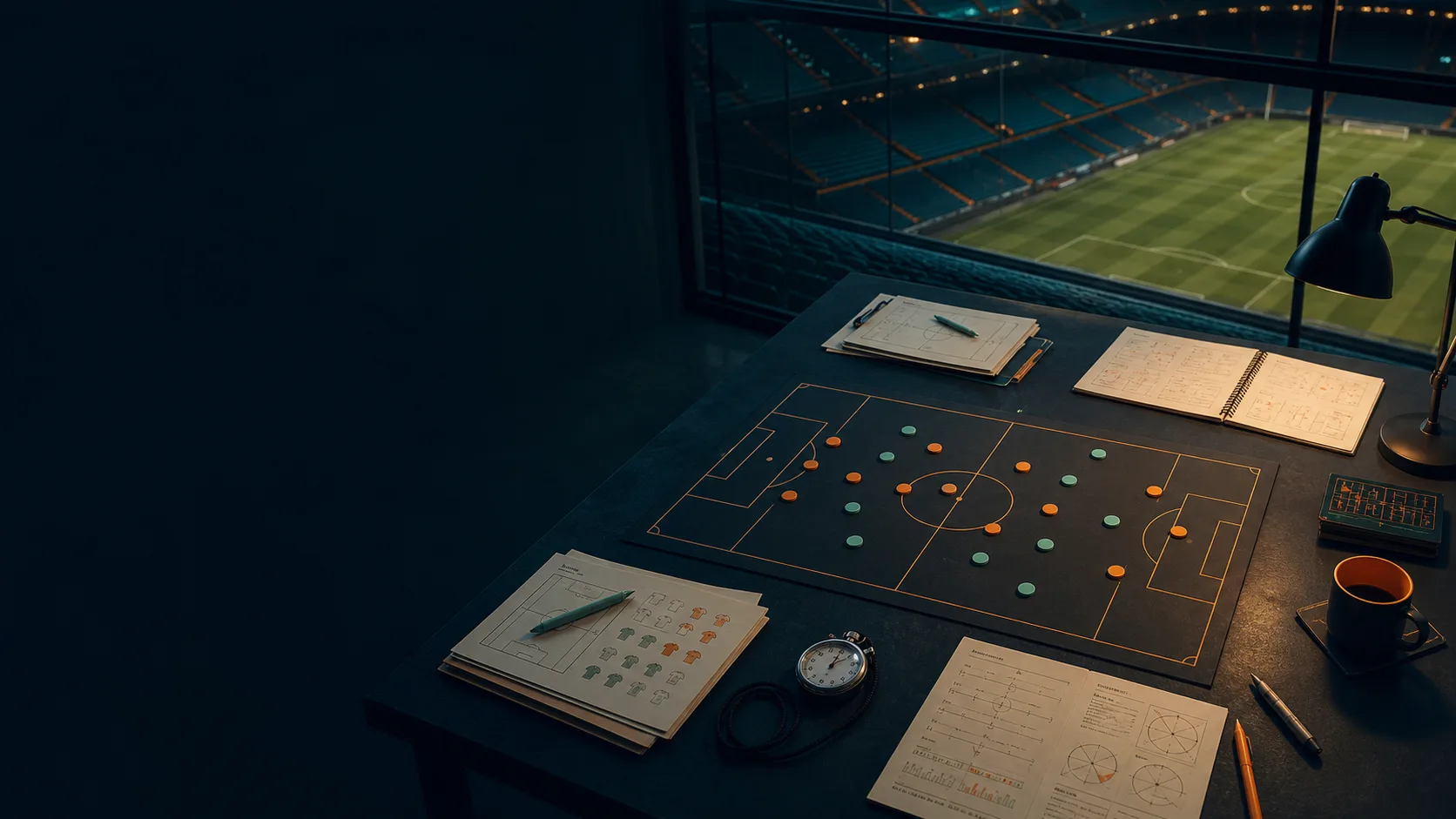 A football strategy room with a tactics board and season planning sheets
